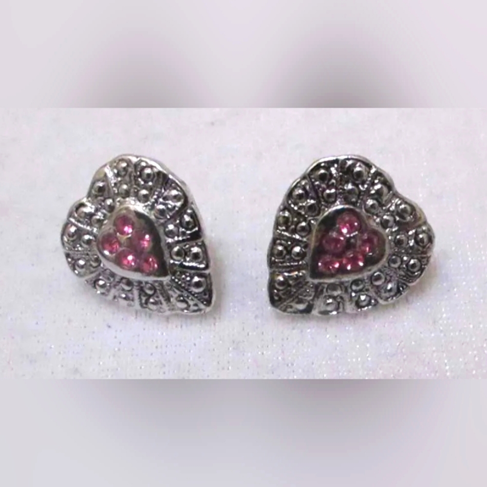 Vintage JOE DEAN'S Silver Tone Filigree Pink Rhinestone Heart Post Earrings
